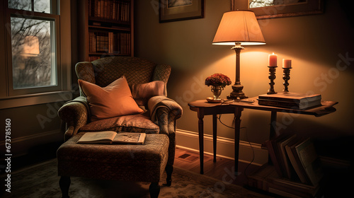 Reading Nook Charm at Sunset: Plush Armchair and Candlelit Serenity - Created using Generative AI