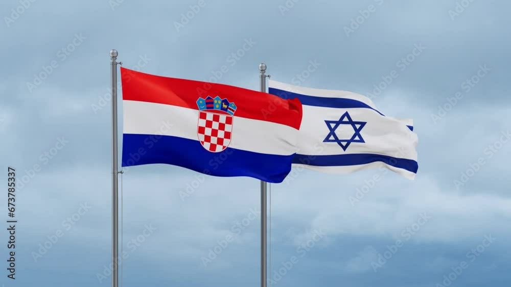 Israel flag and Croatia flag waving together on cloudy sky, endless seamless loop, two country relations concept Israel flag and Croatia flag waving together on cloudy sky, endless seamless loop, two country relations concept