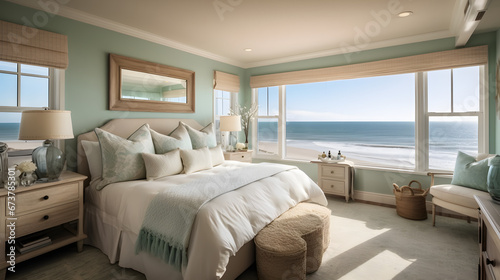 Sunrise Elegance: Coastal Bedroom with Ocean View and Soft Tones - Created using Generative AI