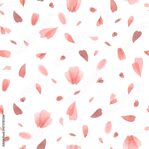 Watercolor seamless pattern with pink transparent petals on a white background.