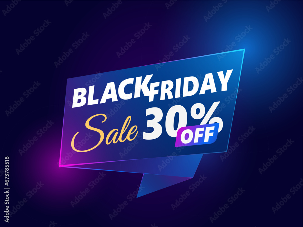 Black Friday sale banner. up to 30% off. Vector banner template glowing neon lamp for night and trendy design.