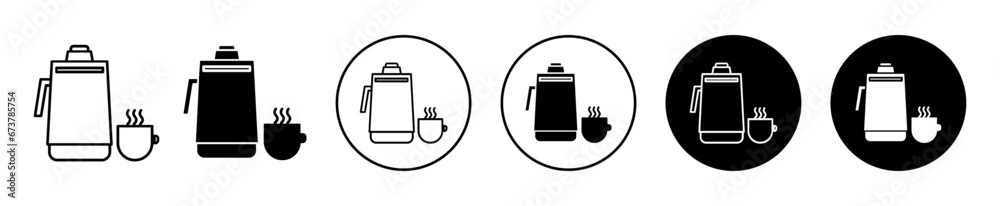 Thermos vector icon set. Coffee thermo bottle sign. Stainless steel thermal mug symbol for UI designs. In black filled and outlined style. - obrazy, fototapety, plakaty 