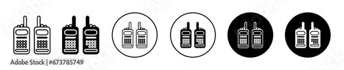 Two way radio vector icon set. Military walkie talkie sign for UI designs. In black filled and outlined style.