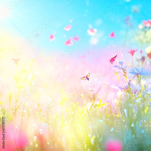 Full frame background, the grass with red flowers, the warm morning sunlight shines on the flowers and butterflies, the focus butterfly, everything else is blurred © AyarosP