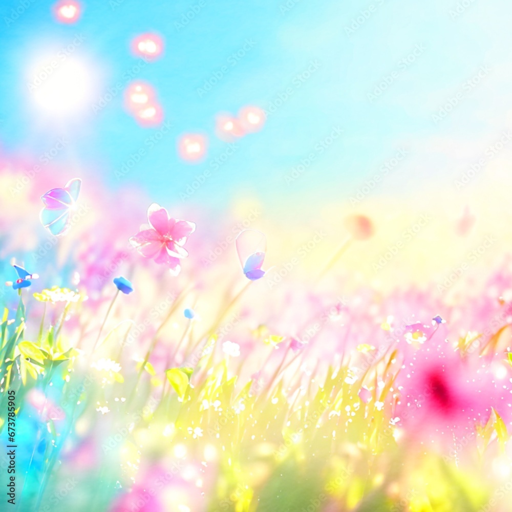 Full frame background, the grass with red flowers, the warm morning sunlight shines on the flowers and butterflies, the focus butterfly, everything else is blurred