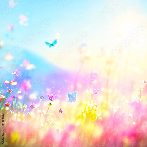 Full frame background, the grass with red flowers, the warm morning sunlight shines on the flowers and butterflies, the focus butterfly, everything else is blurred © AyarosP