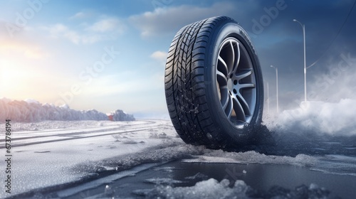 winter tires on asphalt road. winter concept.