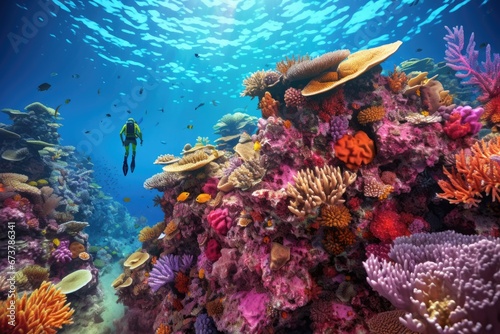 Colorful underwater world with a big variety of Sealife and a diver in tropical ocean