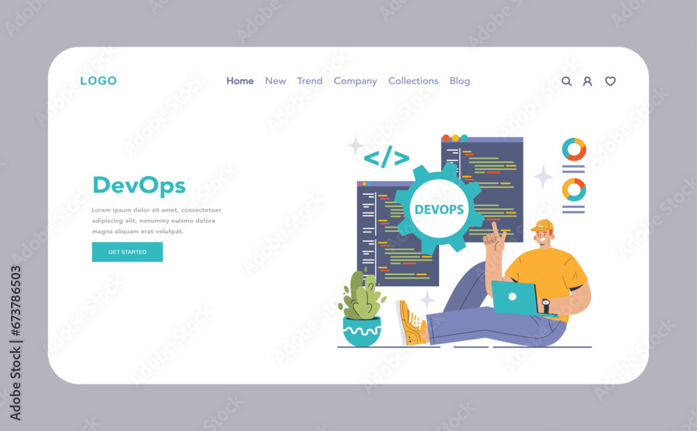 DevOps web banner or landing page. Software development methodology. Software development and it operations life cycle, IT service integration and automation. Flat vector illustration DevOps web banner or landing page. Software development methodology. Software development and it operations life cycle, IT service integration and automation. Flat vector illustration