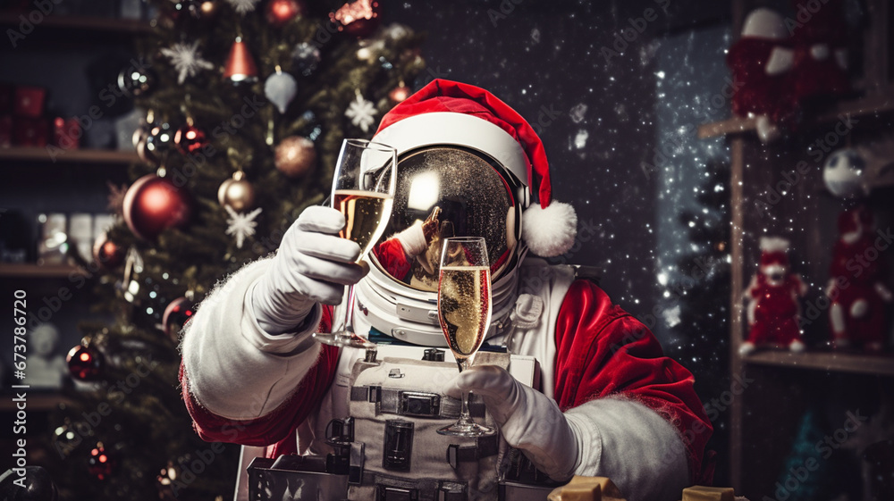 Santa claus with champagne glasses in his hands against christmas background generativa IA
