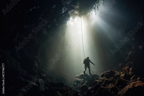 A man explore a deep cave with light ray from above. Outdoor adventure concept. photo