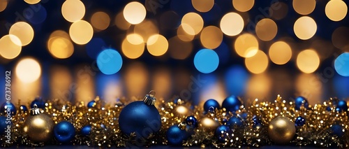 Christmas Golden light shine particles bokeh on navy blue background. Holiday concept. Abstract background with Dark blue and gold particle