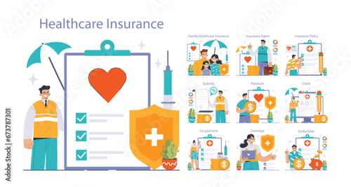 Healthcare Insurance set. A comprehensive guide to family healthcare coverage, with elements including policies, premiums and claims. Insight into the roles of insurance agents and policyholders.