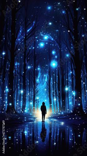 Silhouette standing in the dark forest with magic lights and reflection on water. Vector illustration