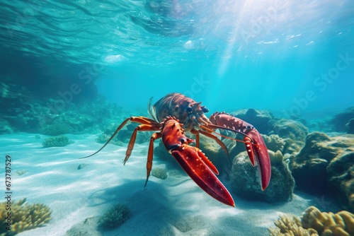 A lobster swimming underwater in tropical ocean.