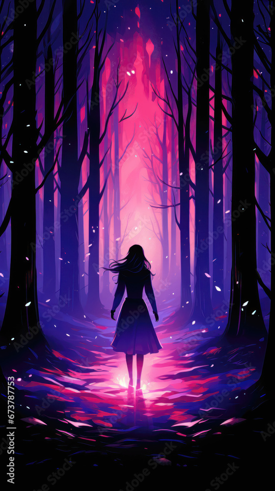 Silhouette of a girl in the dark forest, vector illustration