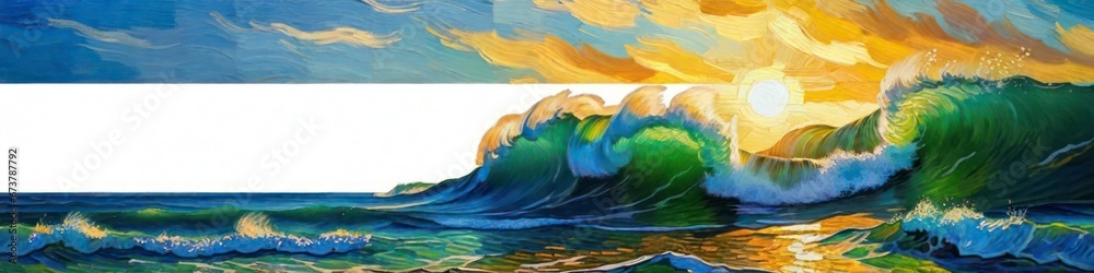 Abstract pictorial banner waves in ocean in oil painting style, place to insert text, background for your design