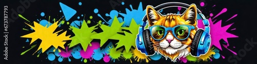 Abstract pictorial banner in bright colors in graphite style cat in headphones, place to insert text, background for your design © La_Valentina