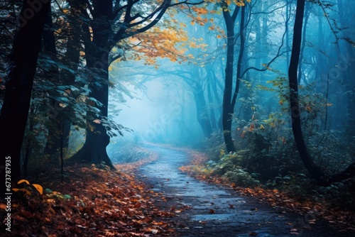 Autumn foggy woods with beautiful Fall foliage colors. Autumn seasonal concept.