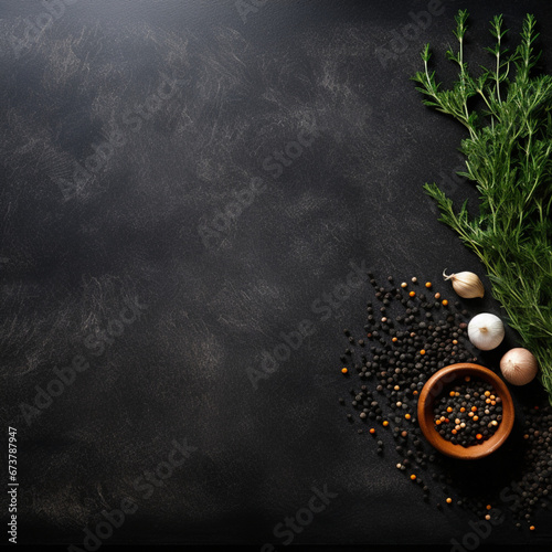 black textured empty countertop as a background for appetizing food photos. Top view, a lot of space for text