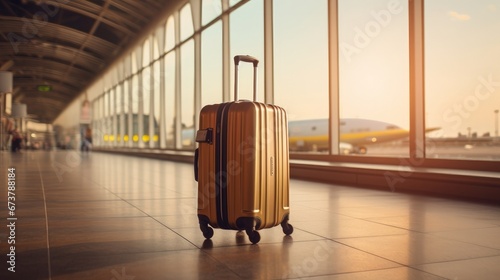 Suitcase with luggage at airport. Two Plastic Suitcases Standing At Empty Airport Corridor. Travel concept photo