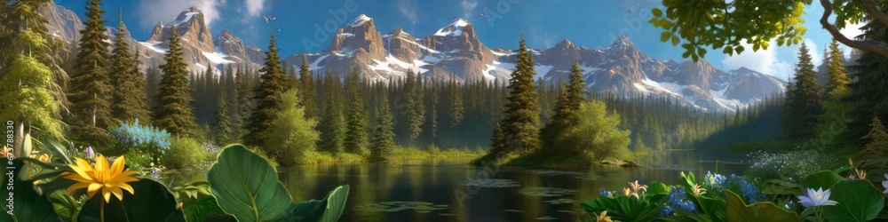 Banner beautiful forest and mountain view, background for your design