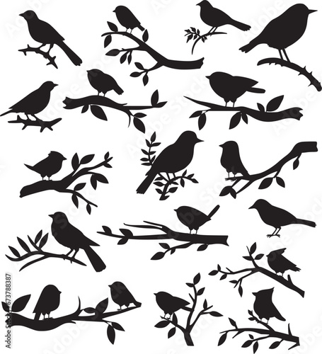 Set of bird and twig silhouette. Birds on a branch Vector illustration