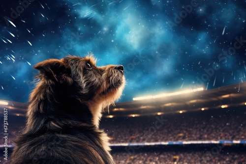 A Curious Canine Gazing at a Crowded Stadium