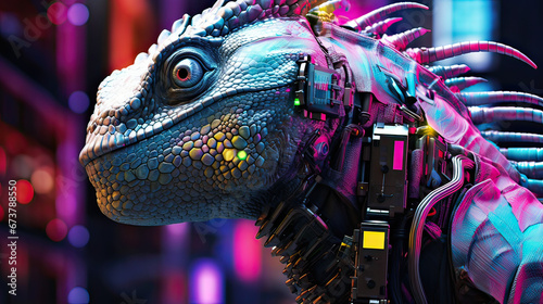 Hero chameleon, its scales shimmering with neon holograms and digital codes photo