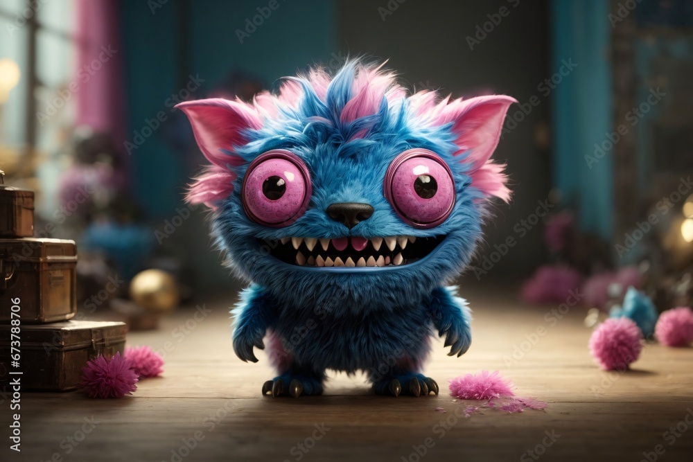 A little blue and pink furry monster with teeth lurks in the colorful background. The image showcases a furry art with cute and colorful elements. Generative Ai.