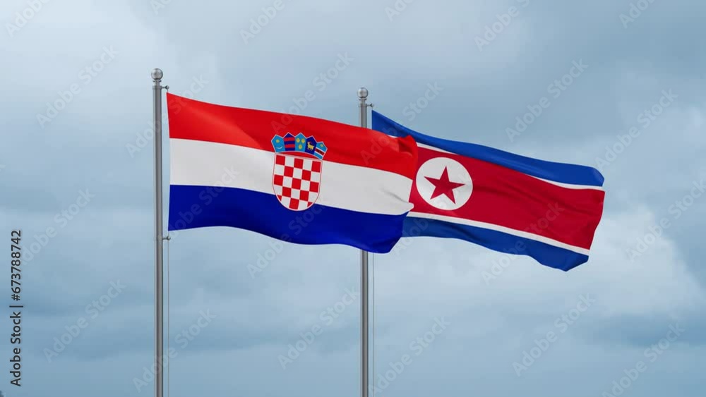 North Korea and Croatia flag waving together on cloudy sky, endless seamless loop North Korea and Croatia flag waving together on cloudy sky, endless seamless loop