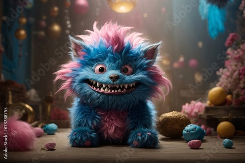 A little blue and pink furry monster with teeth lurks in the colorful background. The image showcases a furry art with cute and colorful elements. Generative Ai.