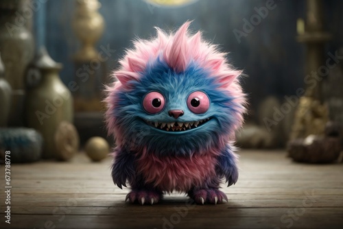 A little blue and pink furry monster with teeth lurks in the colorful background. The image showcases a furry art with cute and colorful elements. Generative Ai. © kapros76