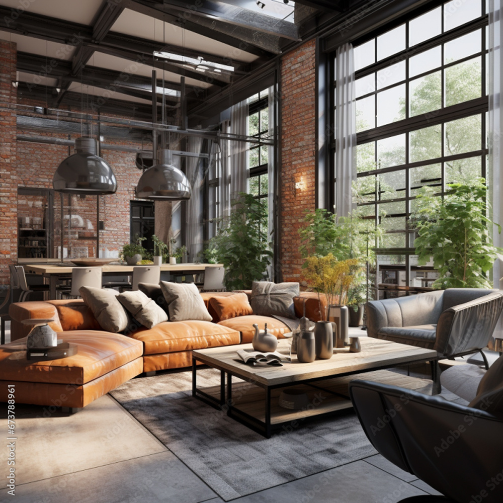 Fototapeta premium Industrial interior of the house. AI generative