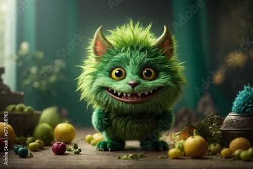 A little furry green monster with teeth lurks in the colorful background. The image showcases a furry art with cute and colorful elements. Generative AI.