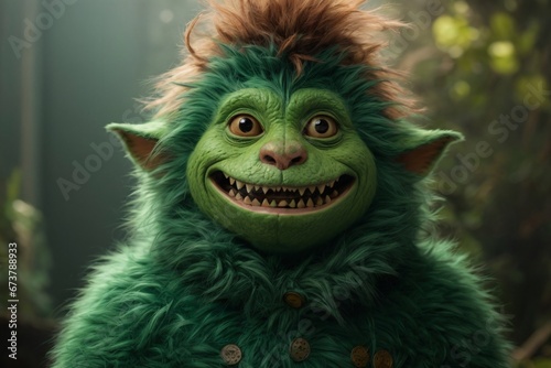 A little furry green monster with teeth lurks in the colorful background. The image showcases a furry art with cute and colorful elements. Generative AI.