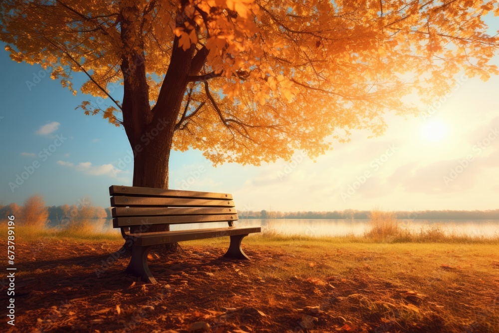 Autumn woods with a park bench and beautiful Fall foliage colors. Autumn seasonal concept.