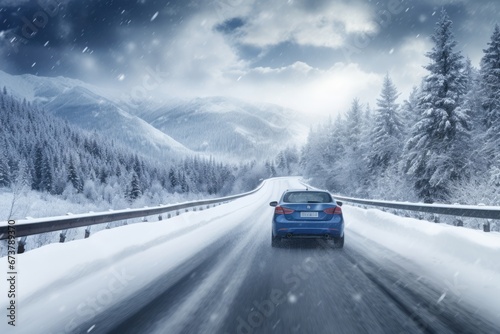 A car driving on winter highway with forest covered by heavy snow. Winter seasonal concept. © Joyce