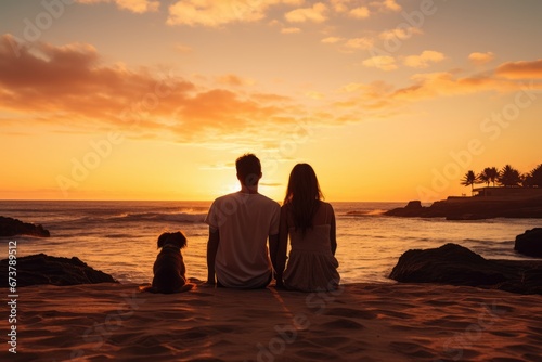 A dog and a young couple sit together at sand beach watching beautiful sunset