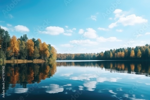 Autumn tranquil lake with beautiful Fall foliage and blue sky. Autumn seasonal concept.