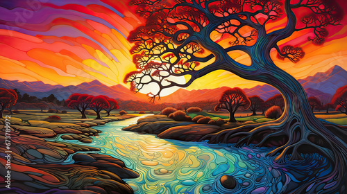 Flowing sunset landscape of color intertwining organically to spawn a vibrant spectacle Ai Generative