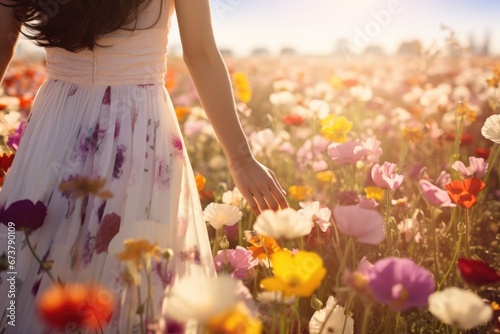 A beautiful graceful lady walking in Wild flower field in wild with variable colors in Spring. Spring seasonal concept.