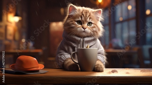 Adorable Domestic Cat Sitting on Table with Mug, Indoor Portrait of Cute Kitten and Beverage generated by AI tool 