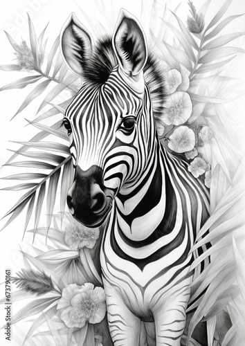 grayscale illustration of baby animals  cute  coloring  print  zebra