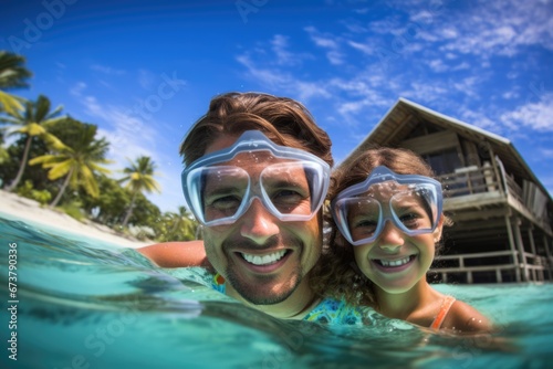 Close-up view of father and daughter snorkeling in sea. Water sports. Summer tropical vacation concept. © Joyce
