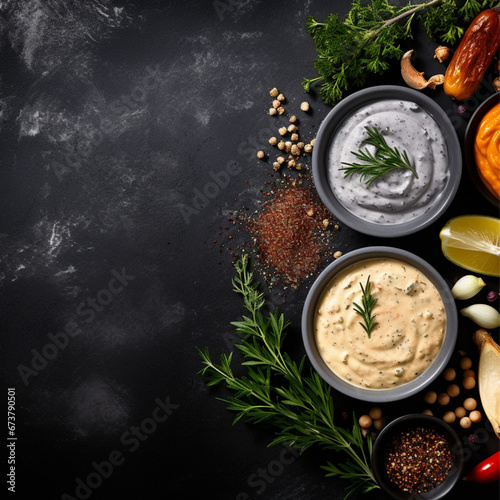rémoulade with the appetizing ingredients on the dark countertop. Top view. Elements are grouped near the left edge leaving a lot of space for text