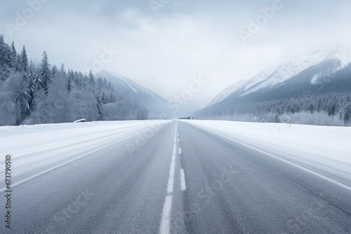 A winter highway with forest covered by heavy snow. Winter seasonal concept.