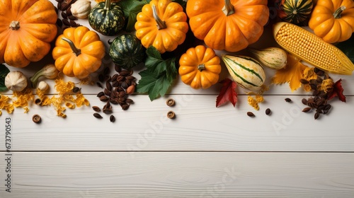 Autumn background from fallen leaves and fruits with vintage place setting on old wooden table. Thanksgiving day concept.