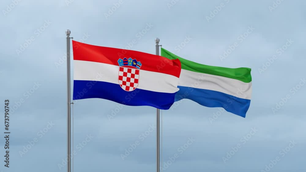 Sierra Leone or Salone and Croatia flag waving together on cloudy sky, endless seamless loop, two country cooperation concept Sierra Leone or Salone and Croatia flag waving together on cloudy sky, endless seamless loop, two country cooperation concept