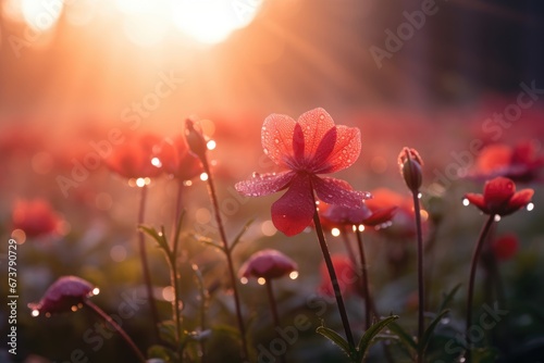 Wild flower field with morning dew and sunlight in wild with variable colors in Spring. Spring seasonal concept.